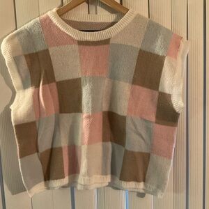 Plaid Knit Sweater - Pink, Blue, and Brown